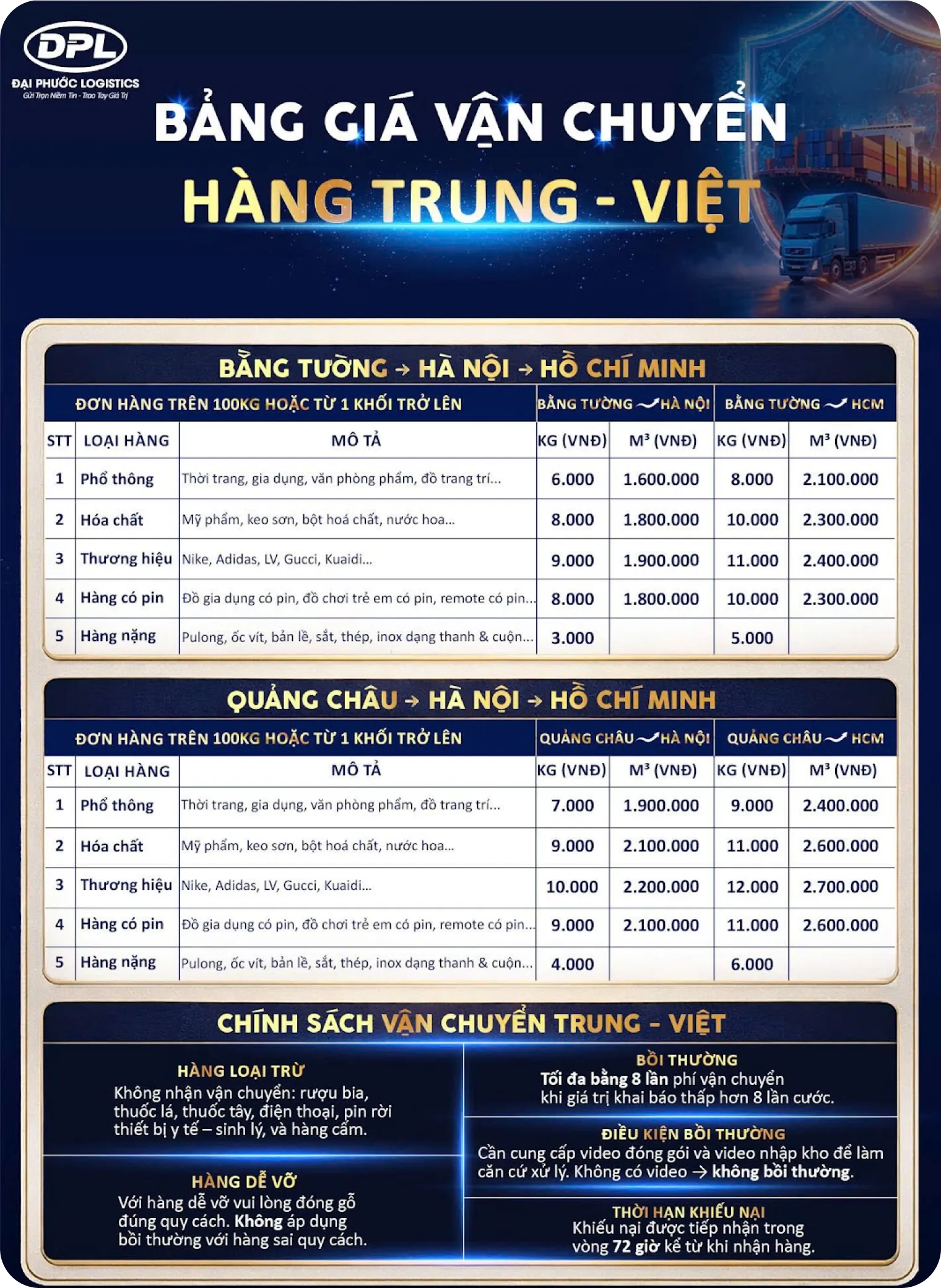 Bảng giá vận chuyển hàng chính ngạch bao VAT